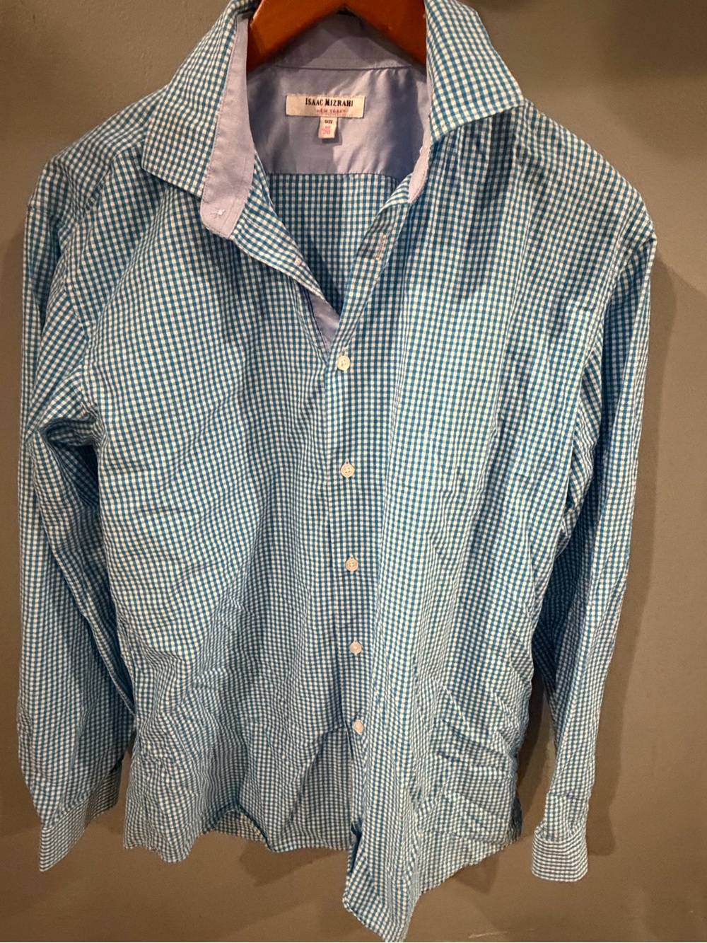 Isaac Mizrahi Men’s Teal and White Gingham Button-Down Shirt 18/20
